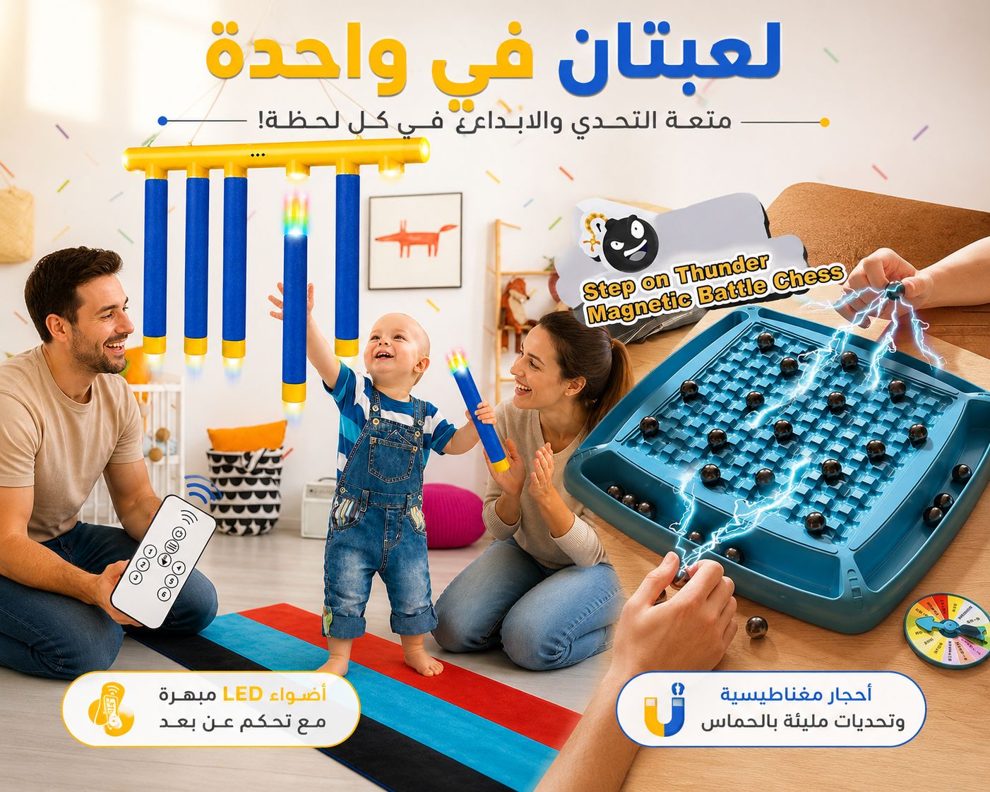 🎁 باك ثنائي DuoKids — عصي السقوط LED + شطرنج مغناطيسي | لعبتان في علبة واحدة!