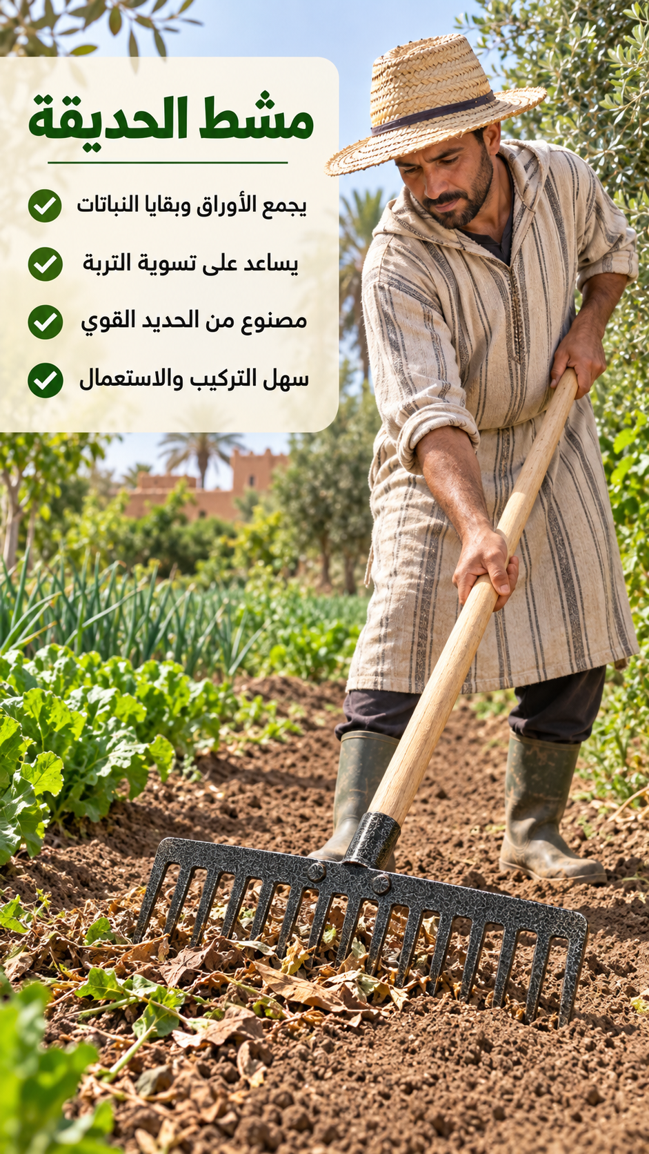 مشط الحديقة لجمع الأوراق وتسوية التربة